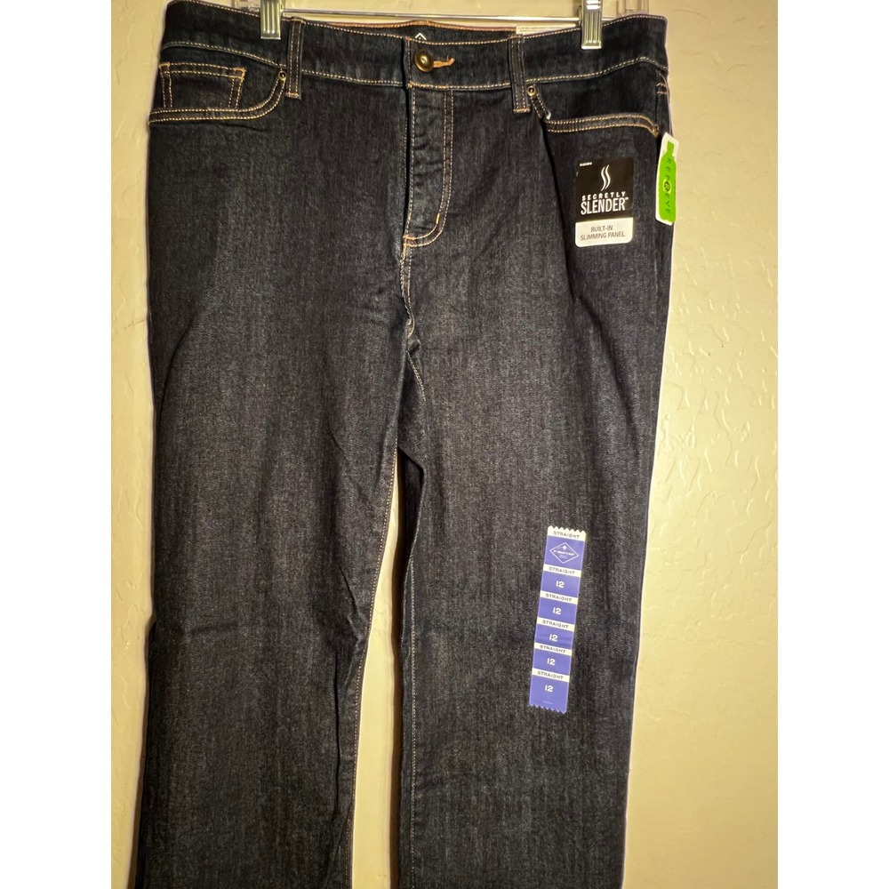 St. John's Bay Secretly Slender Straight Leg Jeans Dark Rinse Blue Size 12 NEW